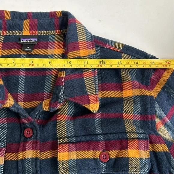 Patagonia Fjord worn wear organic cotton navy mustard burgundy flannel shirt - Picture 14 of 16